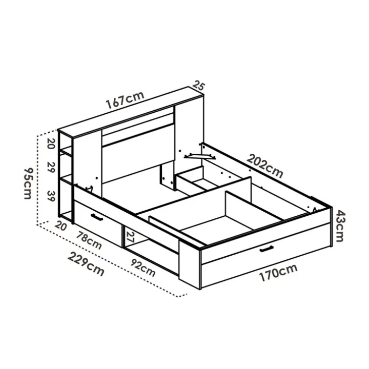 Letto matrimoniale 160x200cm con cassettoni e libreria rovere bianco Nolito