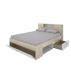 Letto matrimoniale 160x200cm con cassettoni e libreria rovere bianco Nolito