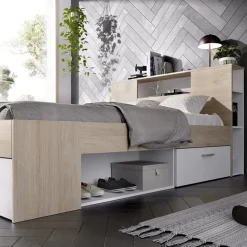 Letto matrimoniale 160x200cm con cassettoni e libreria rovere bianco Nolito