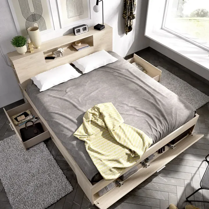 Letto matrimoniale 160x200cm con cassettoni e libreria rovere Nolito