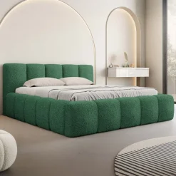 Letto matrimoniale 160x200cm con rete contenitore imbottito tessuto bouclé verde Aluna
