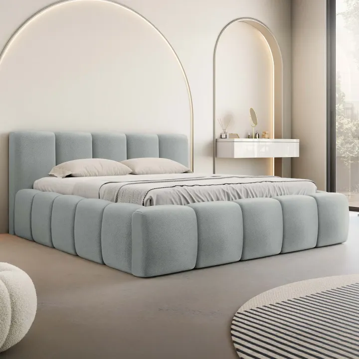 Letto matrimoniale 160x200cm con rete contenitore imbottito azzurro grigio Aluna