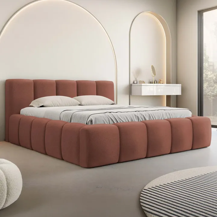 Letto matrimoniale 160x200cm con rete contenitore imbottito rosso mattone Aluna