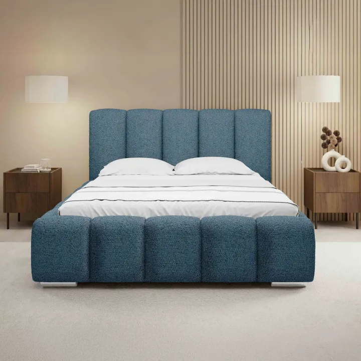 Letto matrimoniale 160x200 cm con rete contenitore imbottito tessuto bouclé blu Cometa