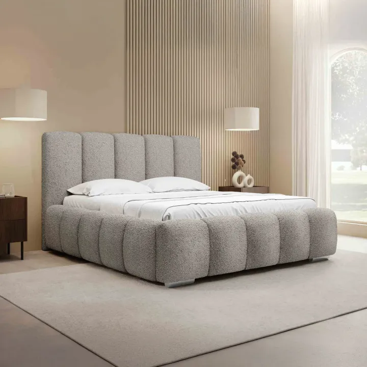 Letto matrimoniale 160x200 cm con rete contenitore imbottito tessuto bouclé grigio chiaro Cometa
