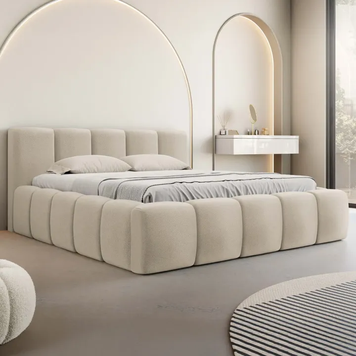 Letto matrimoniale 160x200cm con rete contenitore imbottito beige Aluna