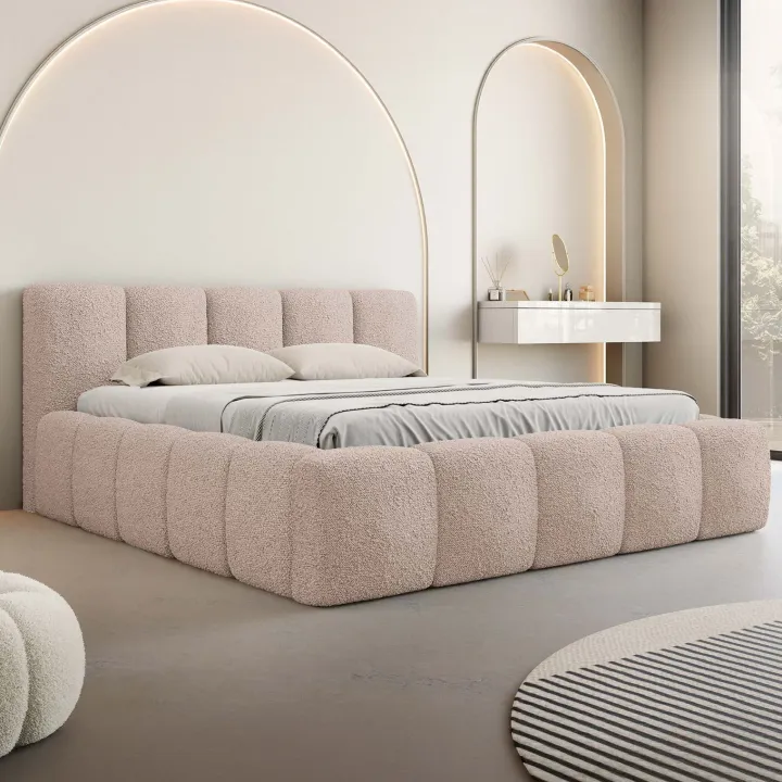 Letto matrimoniale 160x200cm con rete contenitore imbottito tessuto bouclé rosa Aluna