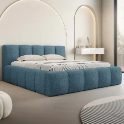 Letto matrimoniale 160x200cm con rete contenitore imbottito tessuto bouclé turchese Aluna