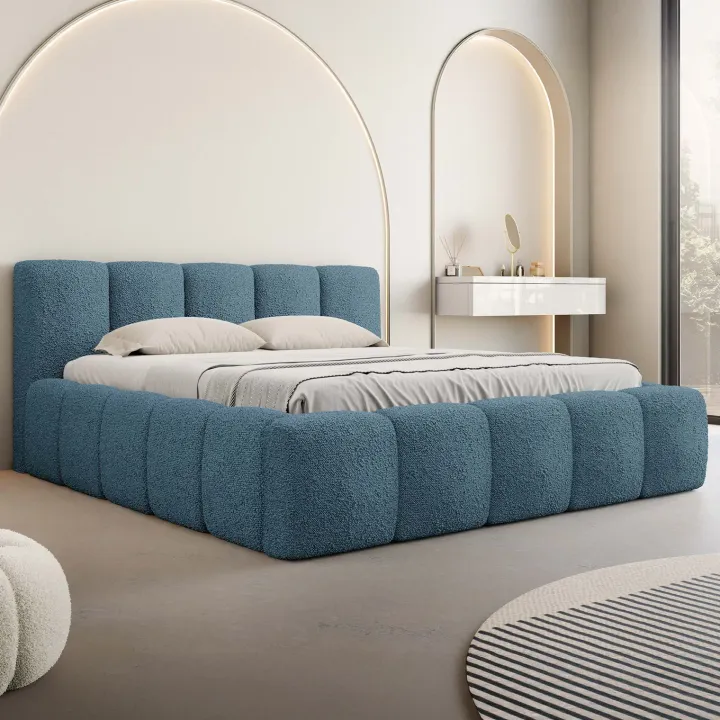 Letto matrimoniale 160x200cm con rete contenitore imbottito tessuto bouclé turchese Aluna
