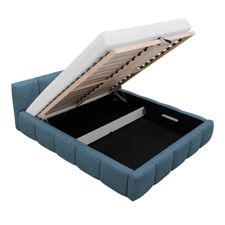 Letto matrimoniale 160x200cm con rete contenitore imbottito tessuto bouclé turchese Aluna