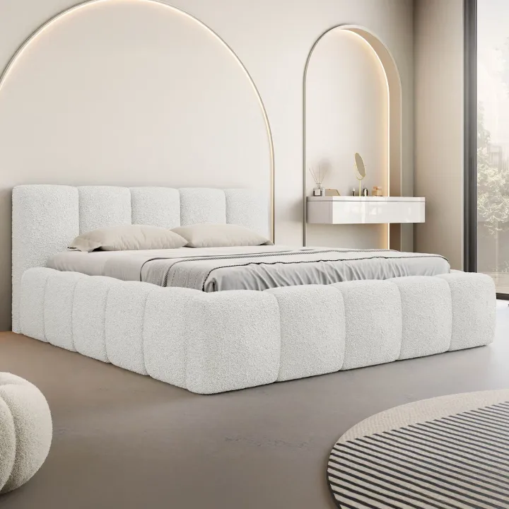 Letto matrimoniale 160x200cm con rete contenitore imbottito tessuto bouclé bianco Aluna