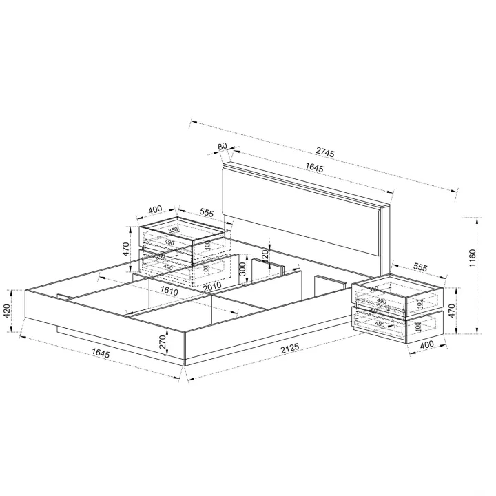 Letto matrimoniale 160x200cm contenitore con comodini tortora noce Raymonda