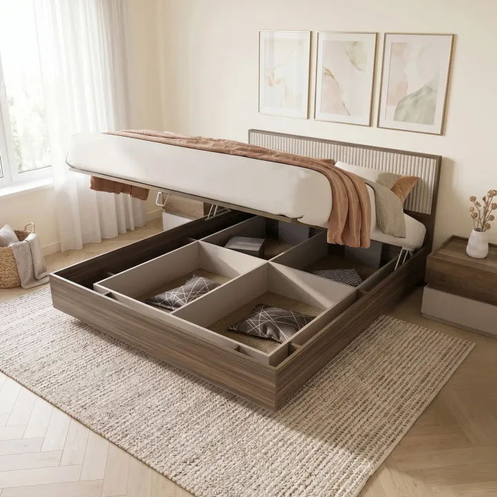 Letto matrimoniale 160x200cm contenitore con comodini tortora noce Raymonda