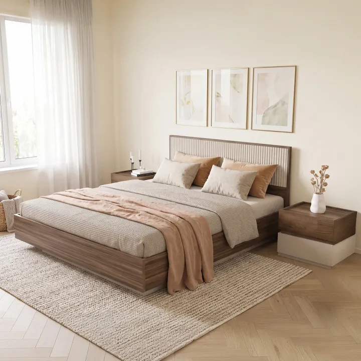 Letto matrimoniale 160x200cm contenitore con comodini tortora noce Raymonda