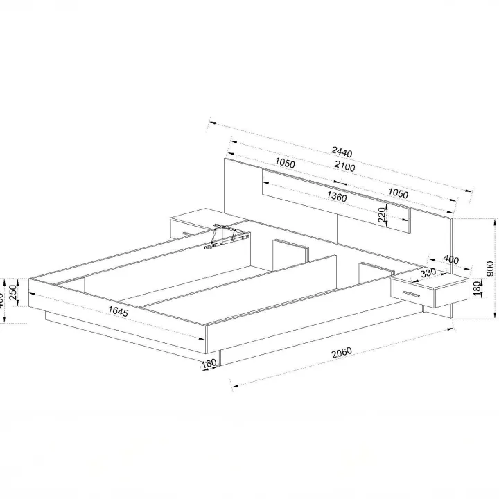 Letto matrimoniale 160x200 cm contenitore con comodini rovere scuro nero frassinato Loly