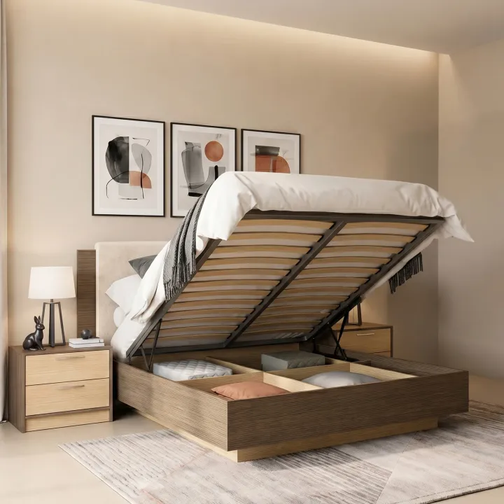 Letto matrimoniale 160x200 cm contenitore con comodini rovere chiaro e rovere scuro Pitigliano