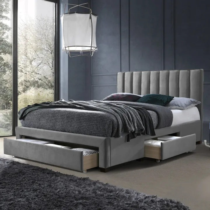 Letto matrimoniale 160x200cm imbottito con cassettoni in velluto grigio Lux