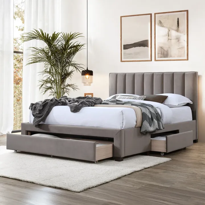 Letto matrimoniale 160x200cm imbottito con cassettoni beige Lux