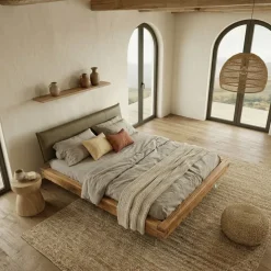 Letto matrimoniale 160x200cm testiera imbottita piedi in vetro legno massello rovere tortora Resilia