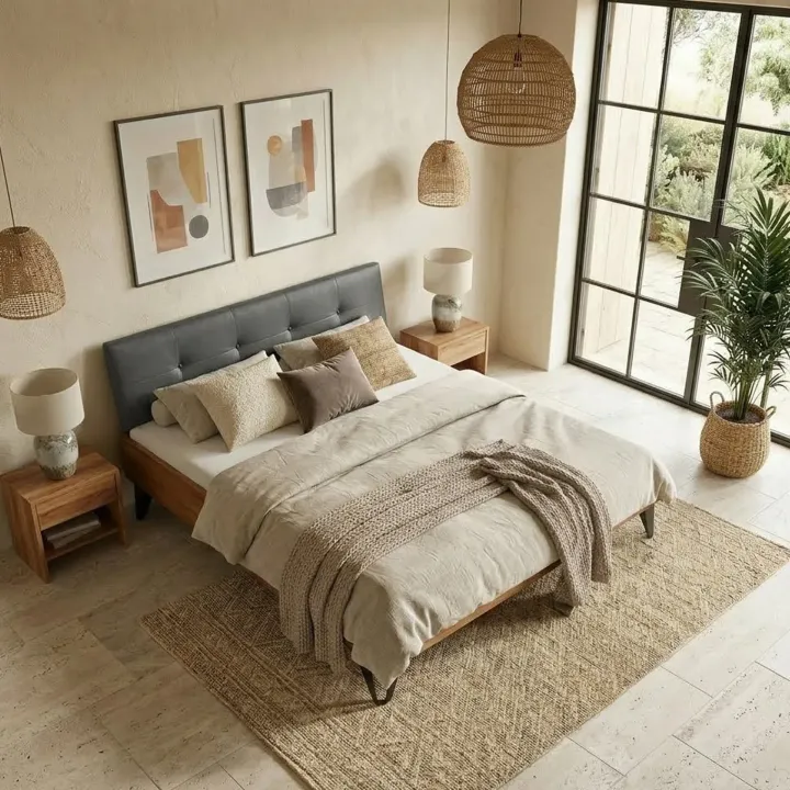 Letto matrimoniale 160x200cm testiera imbottita piedi in metallo legno massello rovere antracite Cortelia