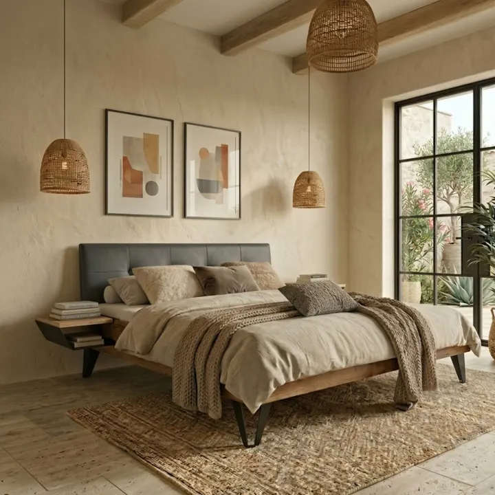 Letto matrimoniale 160x200cm testiera imbottita piedi in metallo legno massello rovere antracite Cortelia