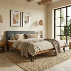 Letto matrimoniale 160x200cm testiera imbottita piedi in metallo legno massello rovere antracite Cortelia