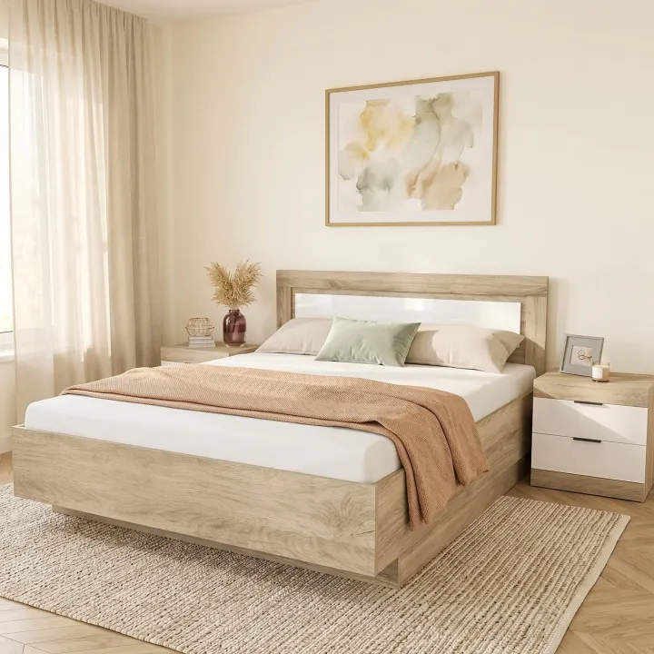 Letto matrimoniale 160x200 contenitore con comodini bianco lucido rovere Panama