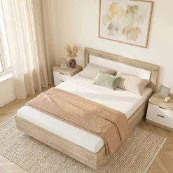 Letto matrimoniale 160x200 contenitore con comodini bianco lucido rovere Panama
