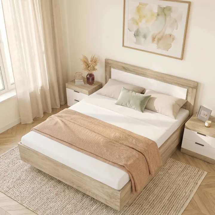Letto matrimoniale 160x200 contenitore con comodini bianco lucido rovere Panama
