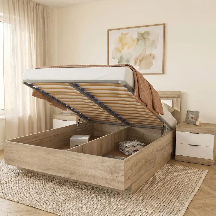 Letto matrimoniale 160x200 contenitore con comodini bianco lucido rovere Panama