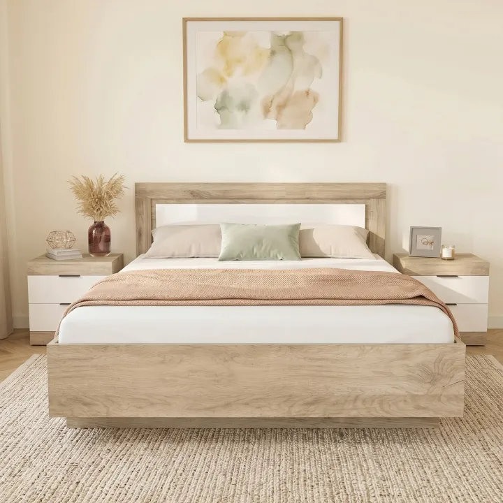 Letto matrimoniale 160x200 contenitore con comodini bianco lucido rovere Panama