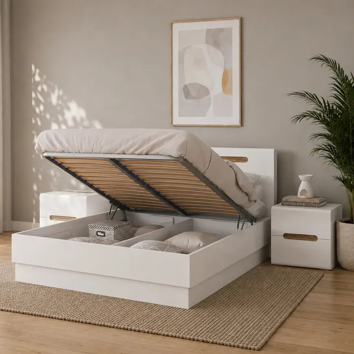 Letto matrimoniale 160x200 contenitore con comodini bianco lucido noce Biancastagno