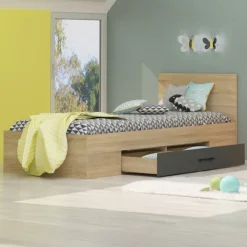 Letto singolo cameretta 90x200cm reversibile con cassettone rovere antracite Chiaretto