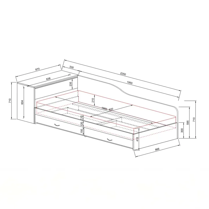 Letto singolo con comò e cassettoni 82x190cm rovere scuro marrone Catullo