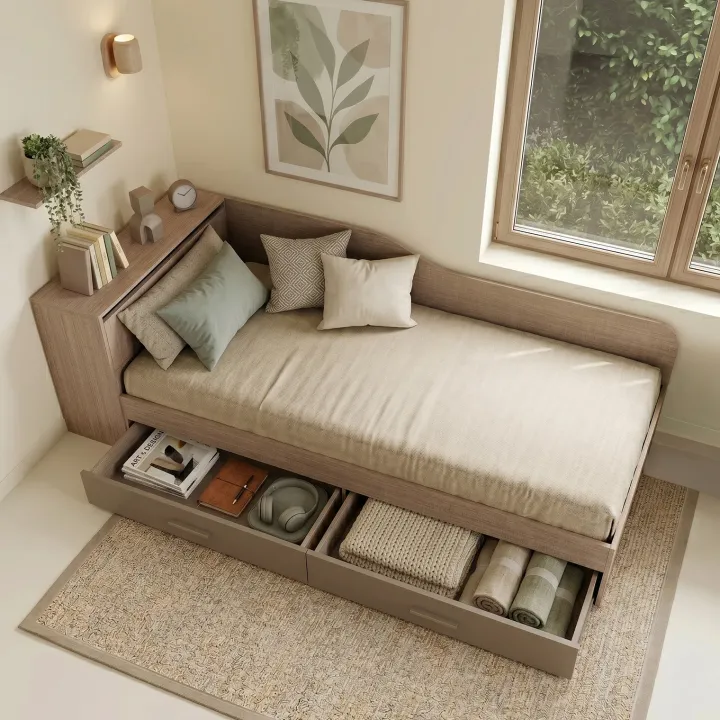 Letto singolo con comò e cassettoni 82x190cm rovere scuro marrone Catullo