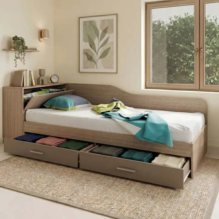 Letto singolo con comò e cassettoni 82x190cm rovere scuro marrone Catullo