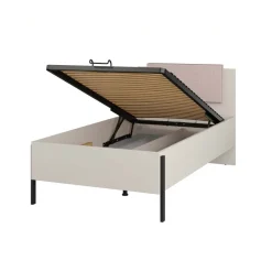 Letto singolo contenitore 100x200cm con rete testiera imbottita beige cashmere Simple