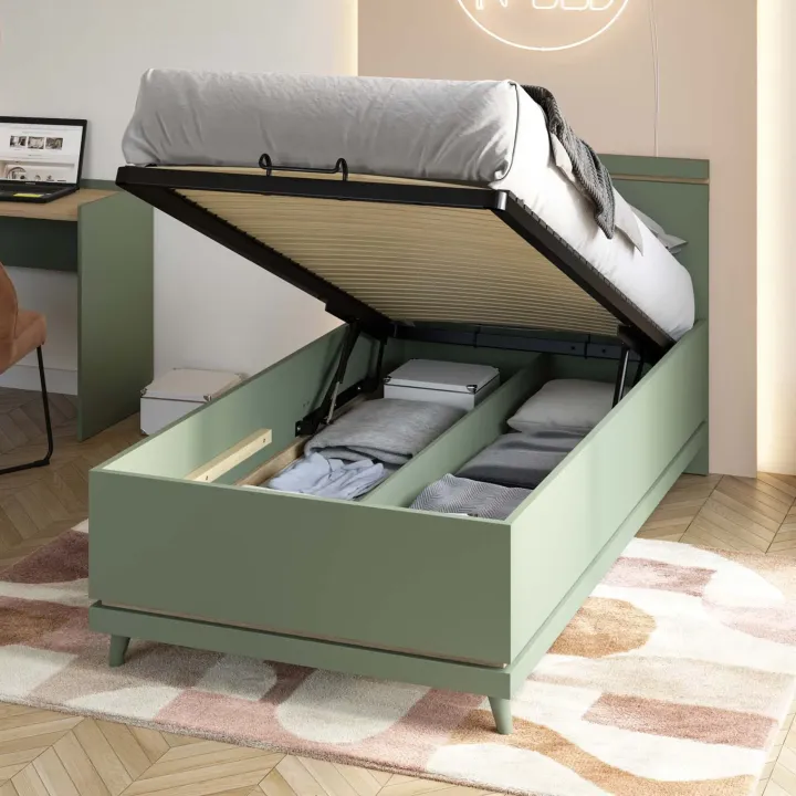Letto singolo contenitore 100x200 cm con rete verde salvia Yu