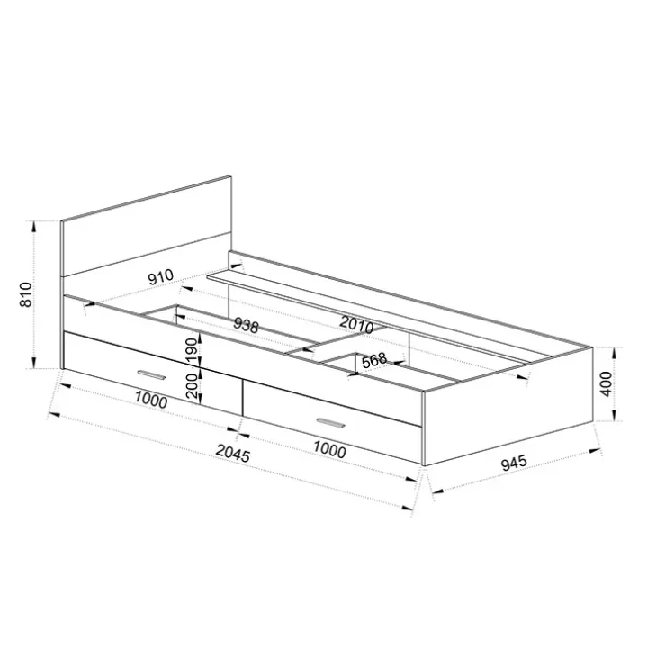 Letto singolo 90x200cm 2 cassetti rovere beige champagne Fabio Gihome®