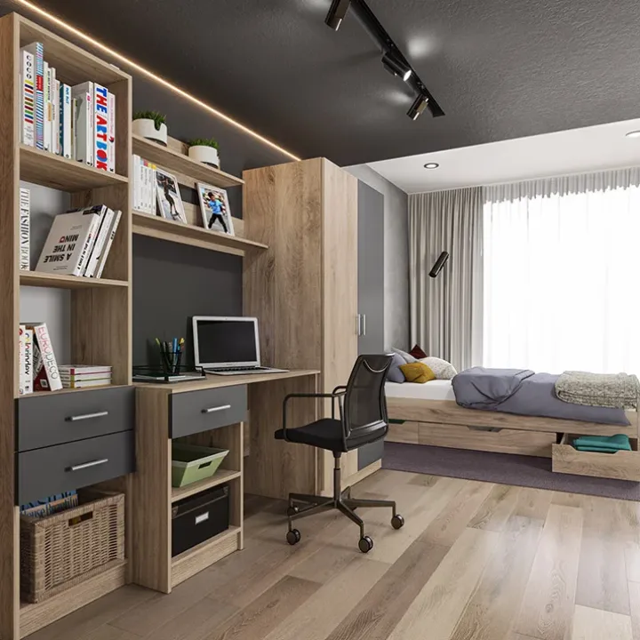 Letto singolo 90x200cm 3 cassetti rovere chiaro Kabala