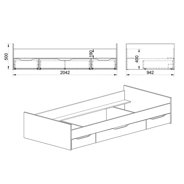Letto singolo 90x200cm 3 cassetti rovere chiaro Kabala