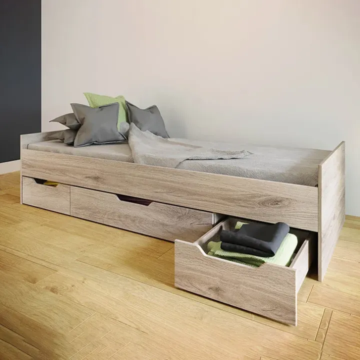 Letto singolo 90x200cm 3 cassetti rovere chiaro Kabala