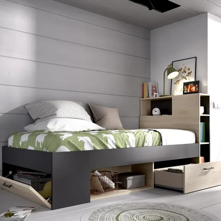 Letto singolo 90x190cm con cassettoni e libreria rovere grafite Derby