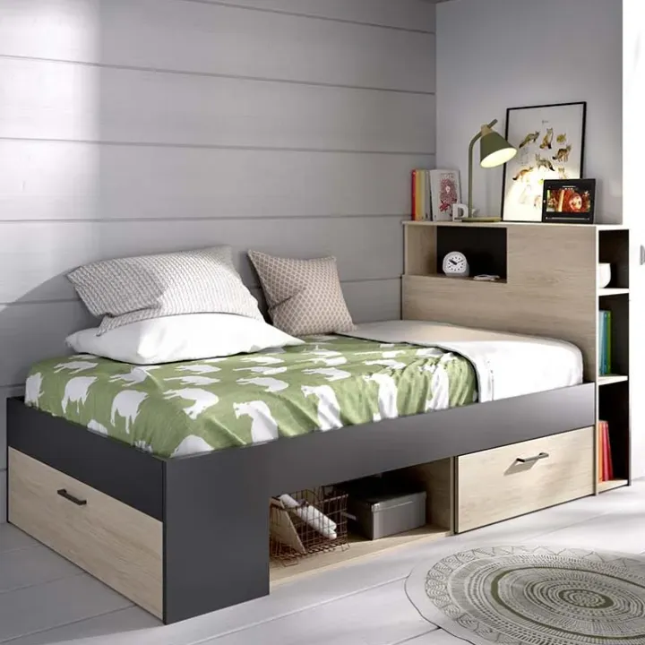 Letto singolo 90x190cm con cassettoni e libreria rovere grafite Derby