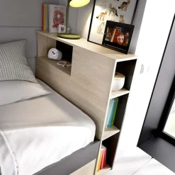 Letto singolo 90x190cm con cassettoni e libreria rovere grafite Derby