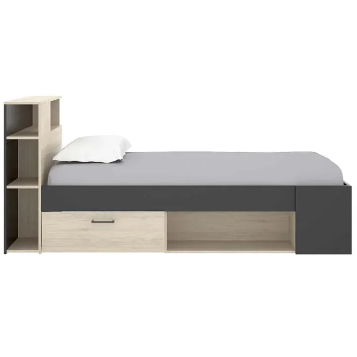 Letto singolo 90x190cm con cassettoni e libreria rovere grafite Derby