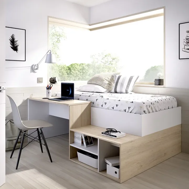 Letto singolo 90x190cm con cassetti e scrivania bianco rovere Adrian