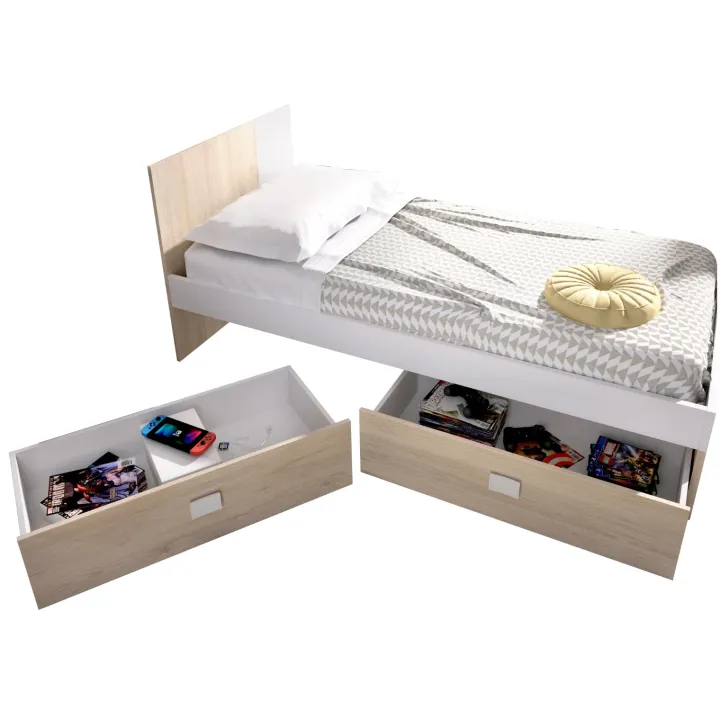 Letto singolo 90x190cm con cassettoni estraibili rovere bianco Cairo