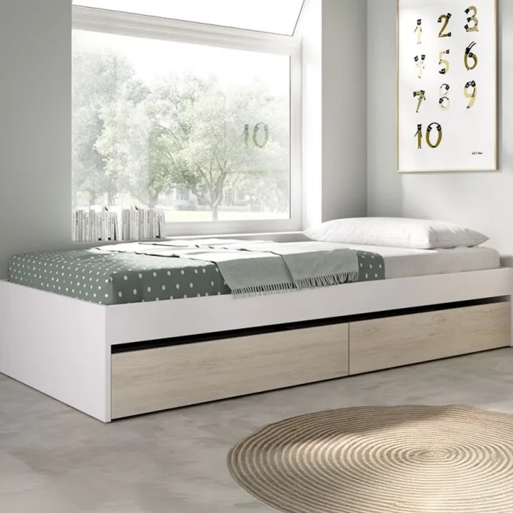 Letto singolo 90x190cm con 2 cassettoni bianco rovere Bellix