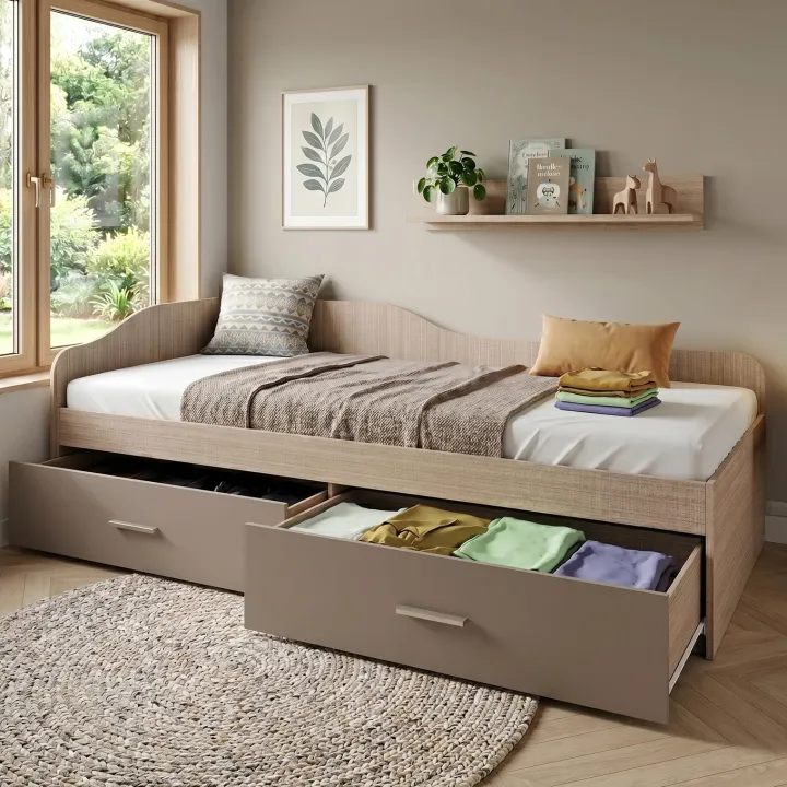 Letto singolo 90x200cm con cassettoni rovere scuro marrone Beccaria